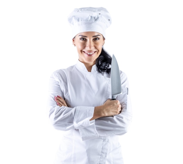 Soevereine mening van een jonge vrouwelijke chef-kok met gekruiste armen die een keukenmes vasthoudt Geïsoleerde witte achtergrond