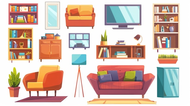 Диван, кресло, книжные полки и телевизор в гостиной Современная коллекция мебели для дома, ковер, лампа для пола и весенние растения