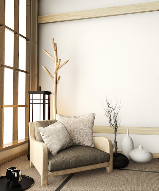 Sofa armchair on room zen with tatami floor and decoration japanese style. 3D rendering