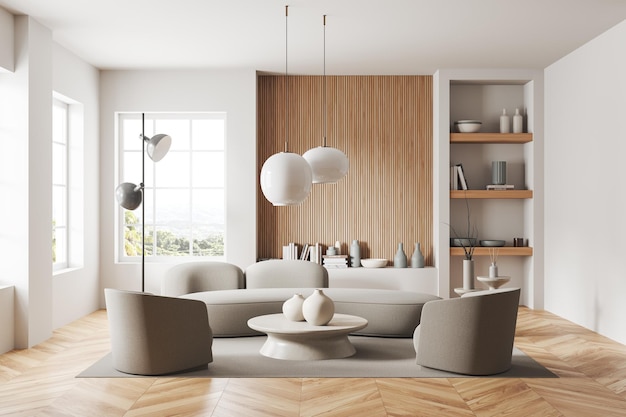 Sofa and armchairs in white and wooden living room