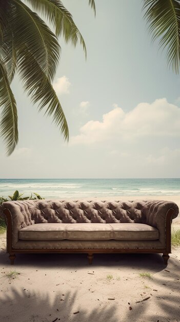 Foto divano sulla spiaggia vicino all'oceano il concetto di riposo relax ai generativo