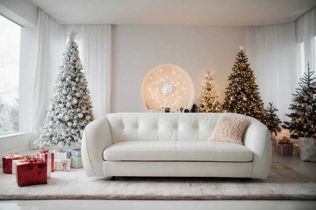 Foto divano bellissimo salotto ohite e un albero di natale decorato accanto al divano finestrino