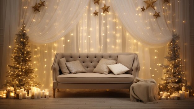 Sofa in a Beautiful Studio Christmas Background with Lights