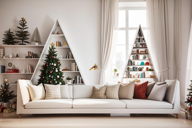 Sofa in a beautiful white house living room and a decorated triangle bookshelf look like a Christmas tree beside a window indore deocre