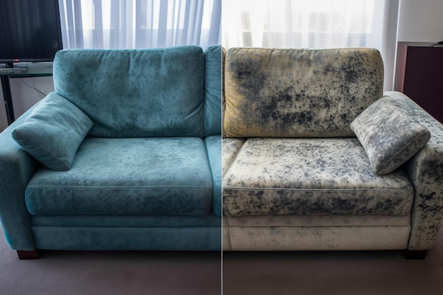 Sofa before and after drycleaning in room High quality photo