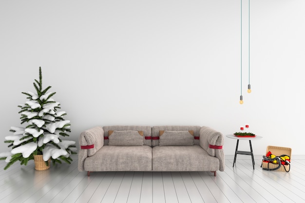 Sofa and christmas tree in white living room