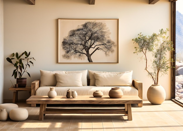 A sofa and coffee table in a minimalist living room with a potted plant