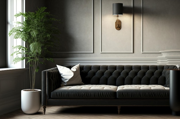 現代的な部屋のソファ 壁のモックアップ