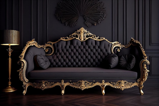 A sofa in a dark room with a gold and black sofa.