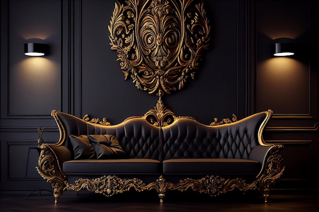 A sofa in a dark room with a golden chair and a lamp on the wall.