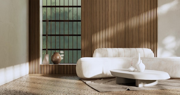 Sofa and decoration japanese on Modern room interior wabisabi style3D rendering