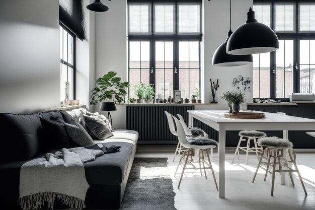 Sofa eettafel stoelen studio lamp en groot raam in moderne loft