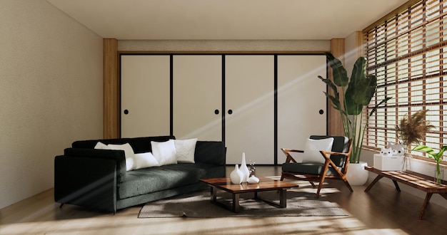 Sofa en decoratie Japans op moderne kamer interieur wabisabi-stijl 3D-rendering