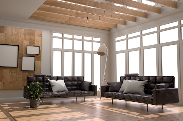 sofa frame kussen lamp planten venster - houten stijl. 3D-rendering