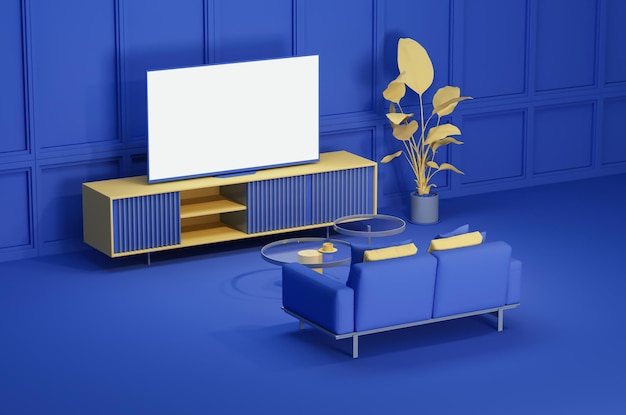 Sofa in front of the tv in yellow and blue living room. the\
concept of viewing movies and tv shows