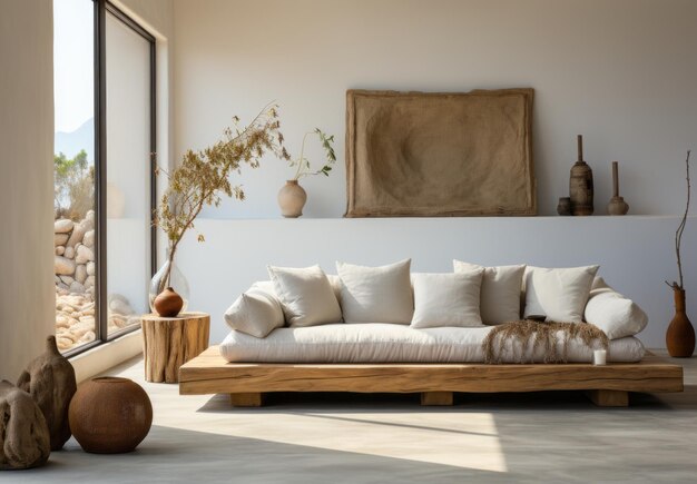 sofa in a in front of a white wall