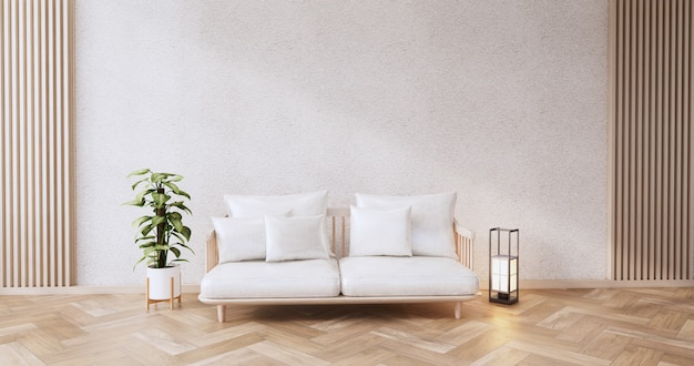 ソファの家具とモックアップのモダンな部屋のデザインを最小限に抑えます。3Dレンダリング