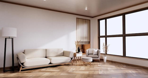 ソファの家具とモックアップのモダンな部屋のデザインを最小限に抑えます。3Dレンダリング