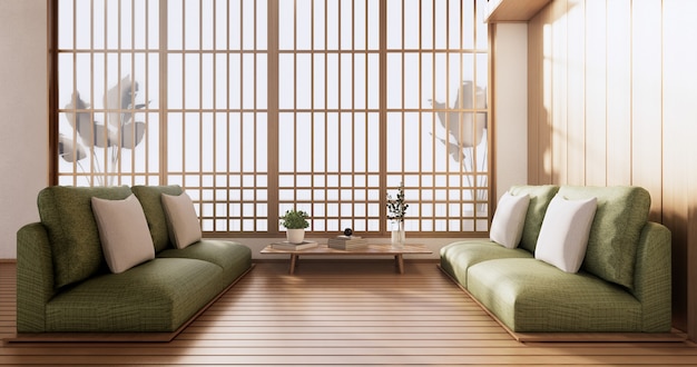 Sofa furniture on mockup wooden room design minimal.3d\
rendering