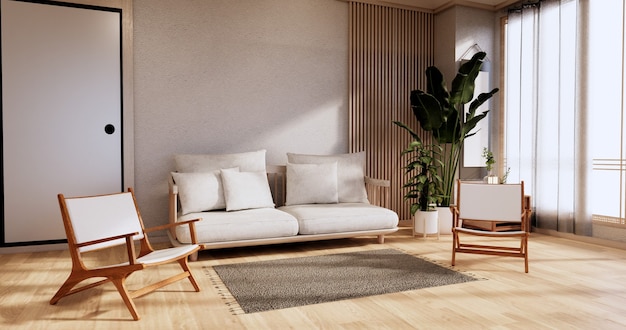 ソファの家具とモダンな部屋のデザインを最小限に抑えます。3Dレンダリング