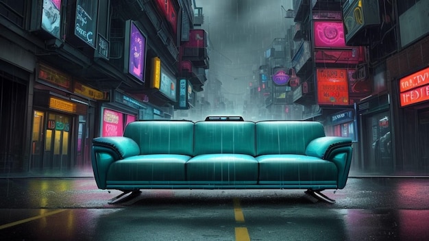 Sofa in a futuristic metaverse cyber sci fi city