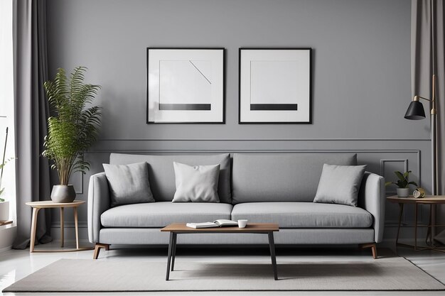 Sofa in gray living room interior with frame mockup