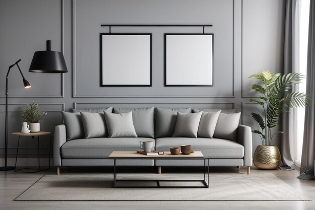 Sofa in gray living room interior with frame mockup