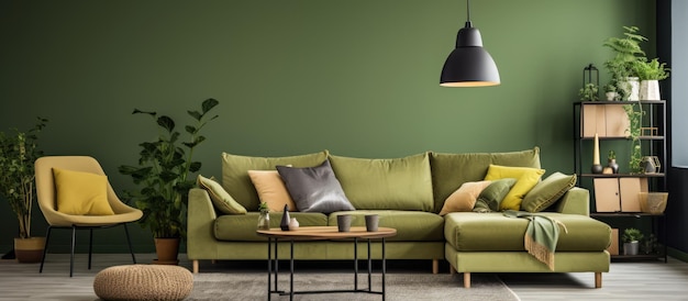 Foto divano in un salotto scandinavo verde