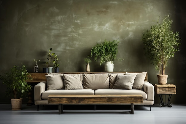 Sofa in de kamer met grunge stucwerk muur en veel groen Biophilic interieur van het moderne leven