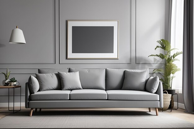 Sofa in grijs woonkamerinterieur met frame mock-up