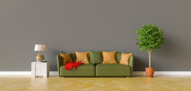 Sofa in a living room on a dark gray wall with copy space on the wall for picture canvas