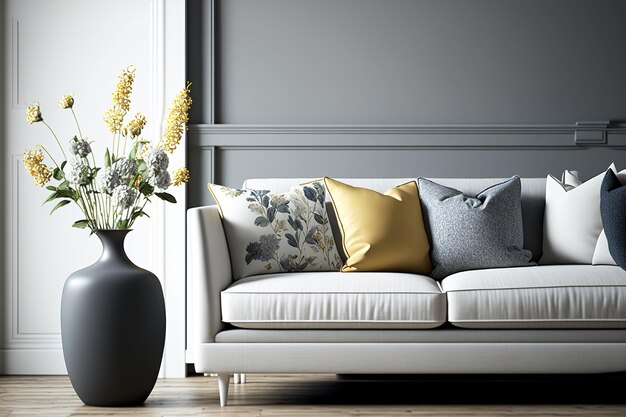 The sofa in the living room is surrounded by pillows a light books and a vase of flowers