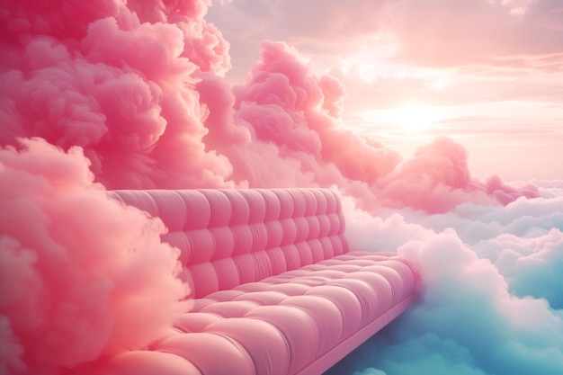 毛深いパステル色の雲が空を飛ぶソファ 夢とポジティブな思考