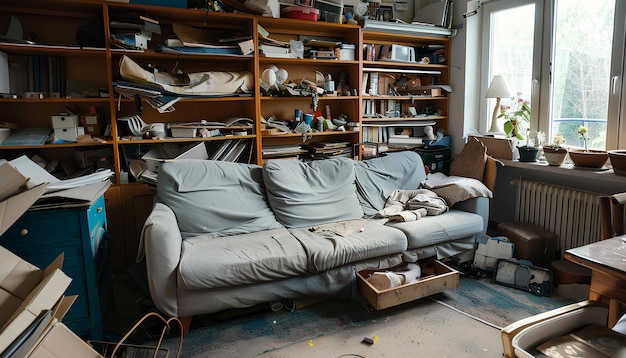 Sofa met planken en laden in een rommelige eetkamer