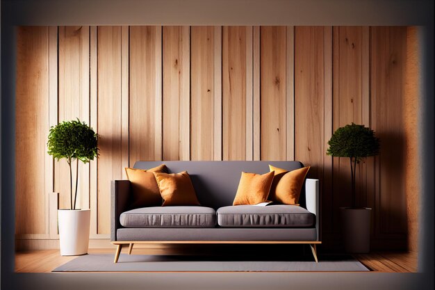 Sofa In Modern Empty Room With Behind The Wooden Wall 3_2jpg