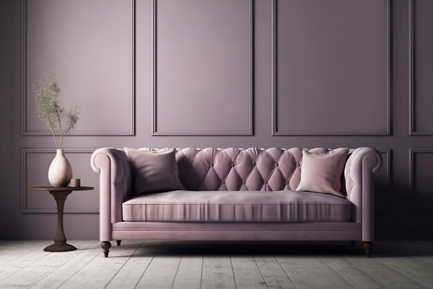 写真 紫色の壁の背景にあるソファは近代的なミニマリストインテリアのコンセプトです