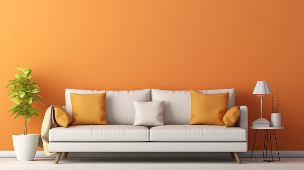 sofa in orange living room 3d rendering mockup