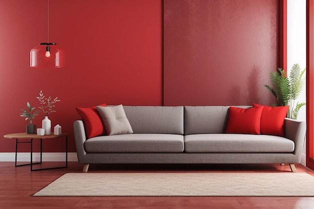 Sofa in red living room with copy space for mock up