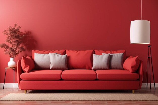 Sofa in red living room with copy space for mock up