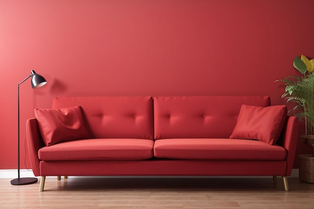 モックアップ用のコピースペースのある赤いリビングルームのソファ