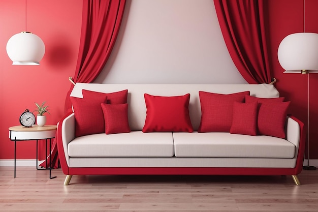 Sofa in red living room with copy space for mock up