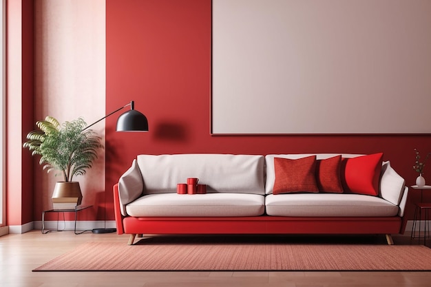 モックアップ用のコピースペースのある赤いリビングルームのソファ