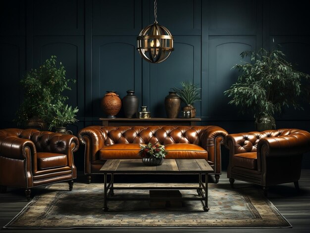 Sofa's en koffietafels worden getoond in een donkerblauwe interieurkamer