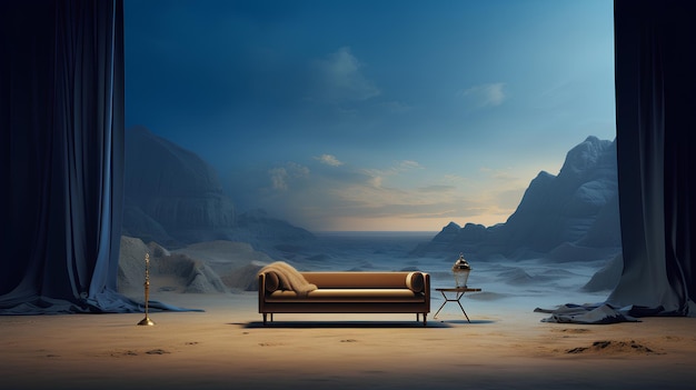 диван на песчаном горном пейзаже концепция сцены Сцена для модных снимков