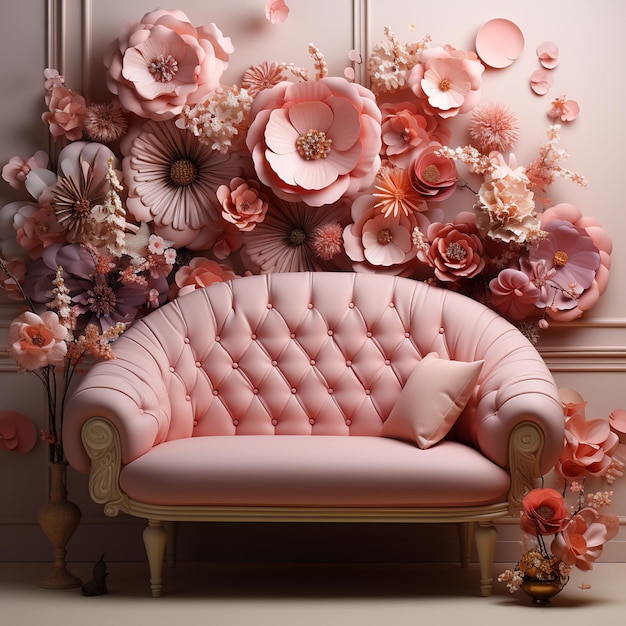 a sofa unrounded by balloons and flowers