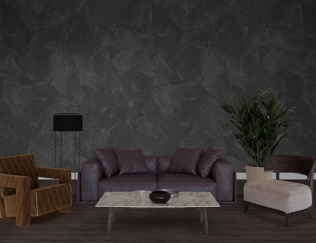 sofa with armchair in living room interior with wall mockup