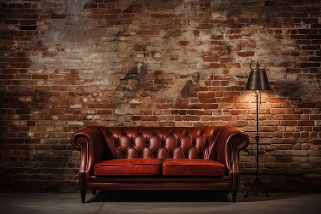 A sofa with a brick wall