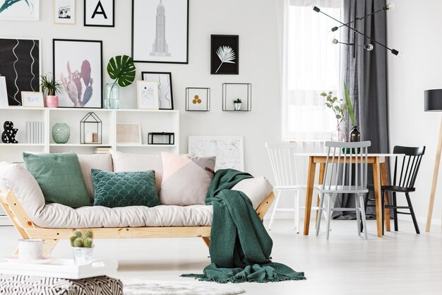 Photo sofa with cushions and blanket