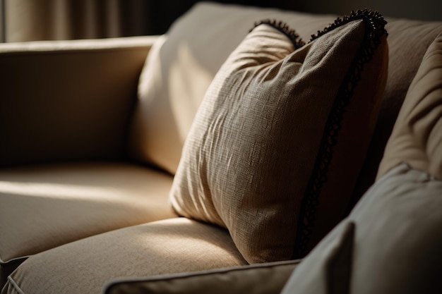 A sofa with a pillow on it and a window behind it