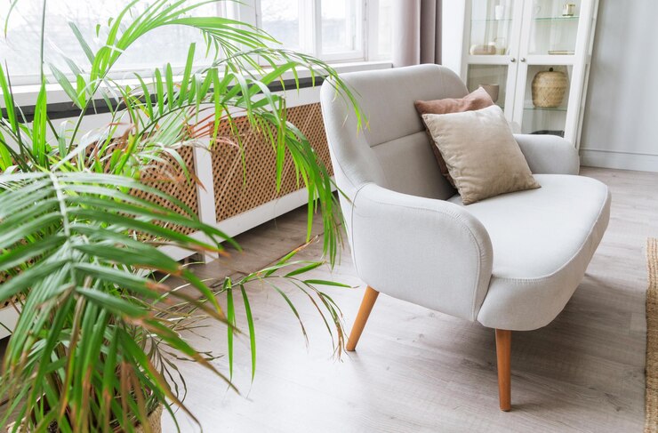 Sofa with pillows, green plant and cabinet with glass doors in the interior of the room
